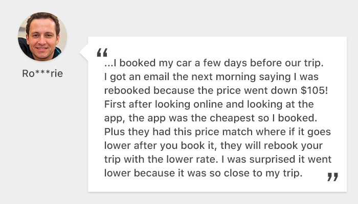 EasyRentCars' customer review on Price Drop Protector saying "they had this price match where if it goes lower after you book it, they will rebook your trip with the lower rate. I was surprised it went lower because it was so close to my trip."