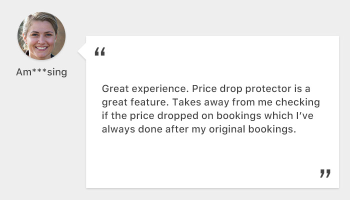 EasyRentCars' customer review on Price Drop Protector saying " Price drop protector is a great feature. Takes away from me checking if the price dropped on bookings which I’ve always done after my original bookings"